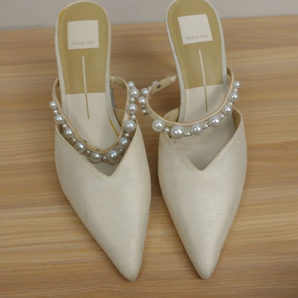 Dolce Vita Womens Mule Heels 8.5 White Coquette Bridal Satin Pearl Kitten Heel